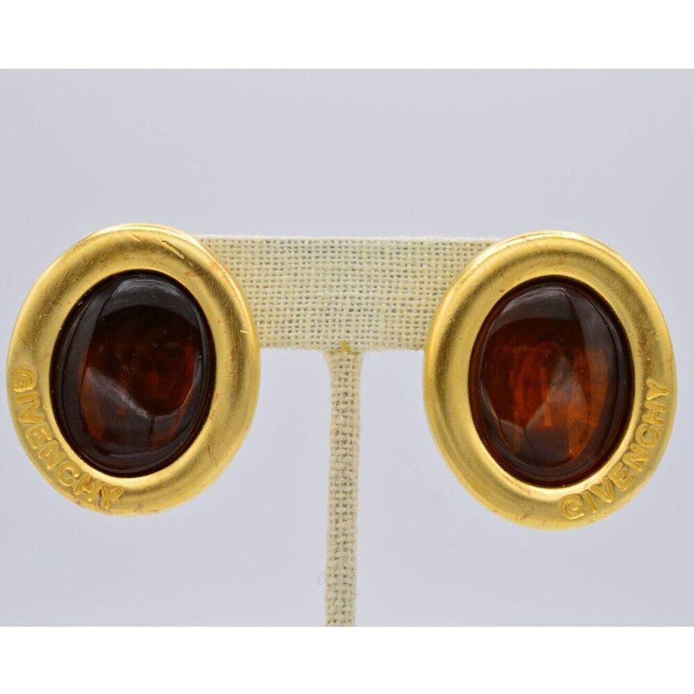 Givenchy Vintage Logo Clip On Earrings Brushed Gold Tortoise Chunky Signed BinAF